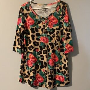 Crazy Train Size Large Floral Leopard Print Women's Top